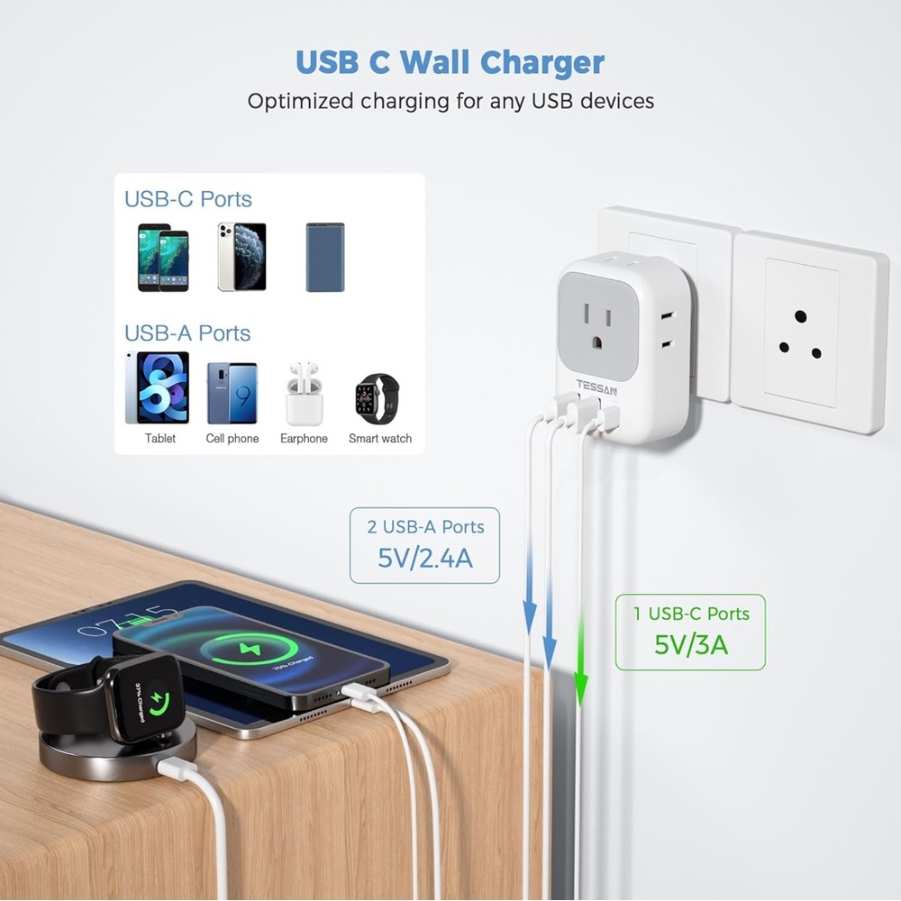 US to India Plug Adapter 2 Pack, TESSAN Adapter with 4 Outlets 3 USB Charger - Picture 5 of 13